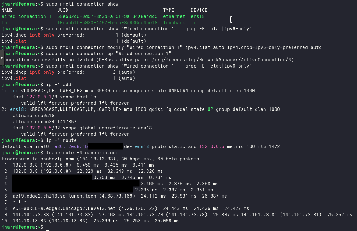 Screenshot of CLAT enabled in Fedora 43